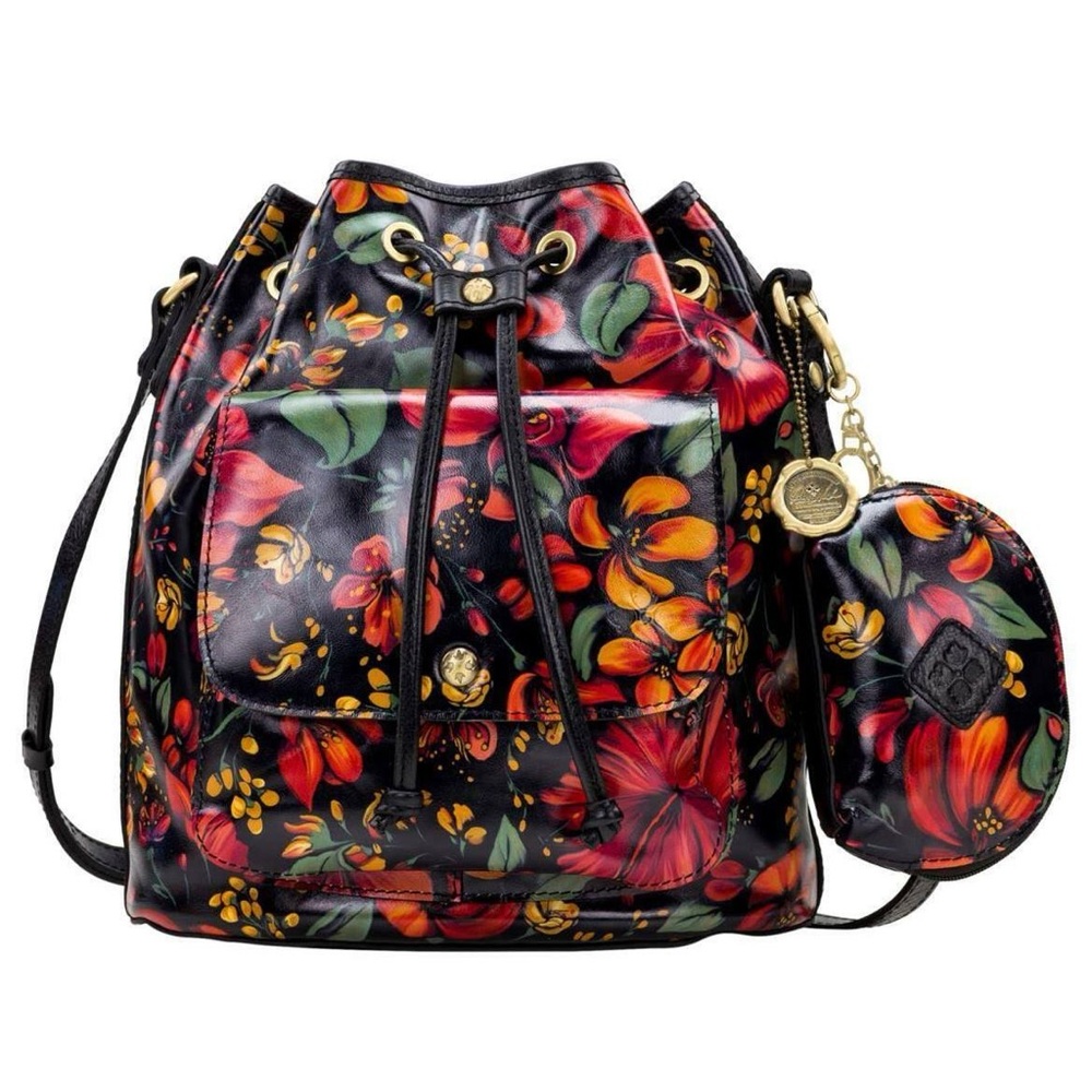 Patricia Nash Floral Italian Leather Drawstring tropical escape Bucket Bag